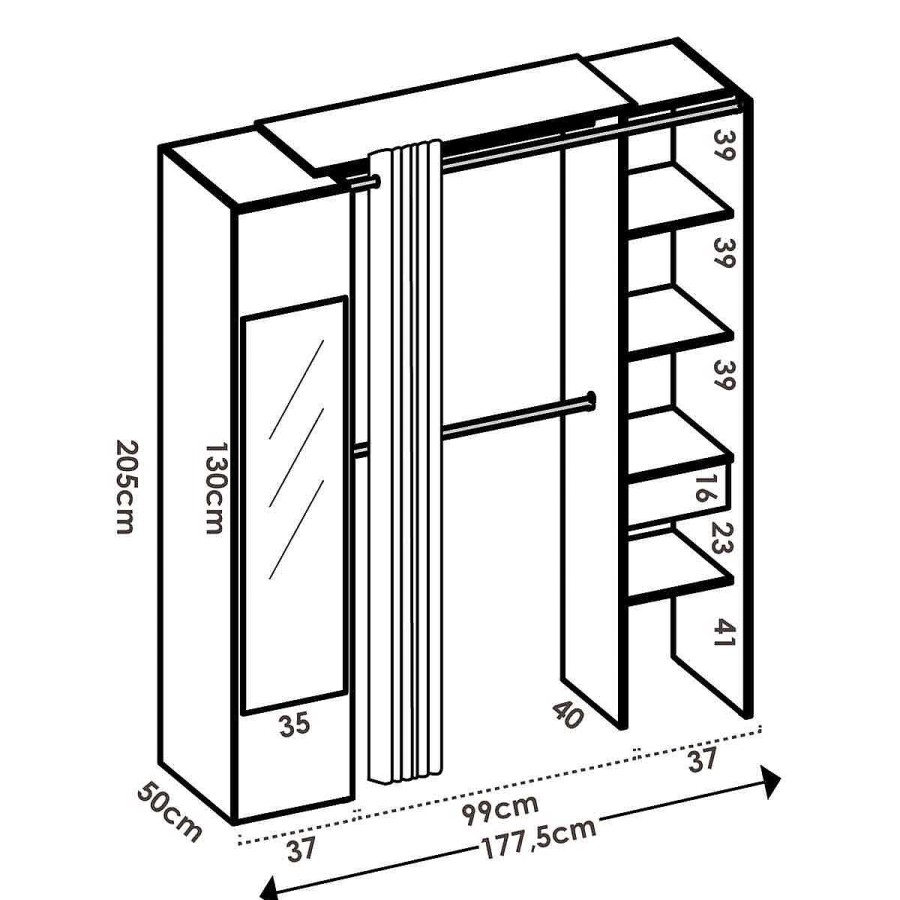 Muebles Muebles tifón Armarios Para Dormitorio | Vestidor Con Espejo Y Cortina Clot 177