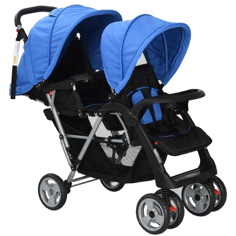 Beb Muebles tifón | Carrito Para Dos Beb S Tandem Azul Y Negro De Acero