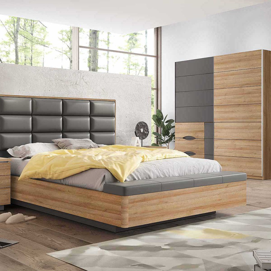 Muebles Muebles tifón Cabeceros Y Camas | Bancada Cama Con Ba L Polipiel Gris Emerot Nogal-Gris