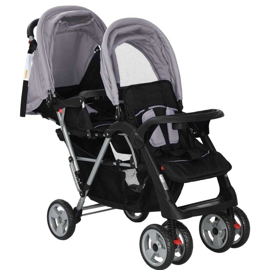 Beb Muebles tifón | Carrito Para Dos Beb S Tandem Gemelos Gris Y Negro De Acero